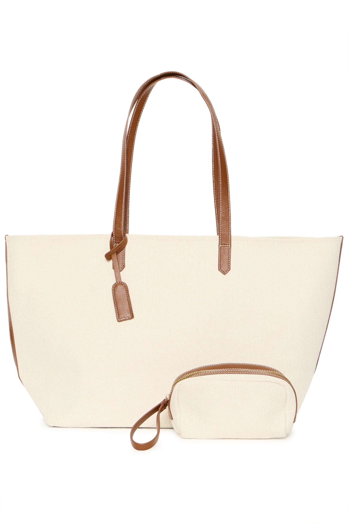 Beige tote bag with brown handle and strap on a white background