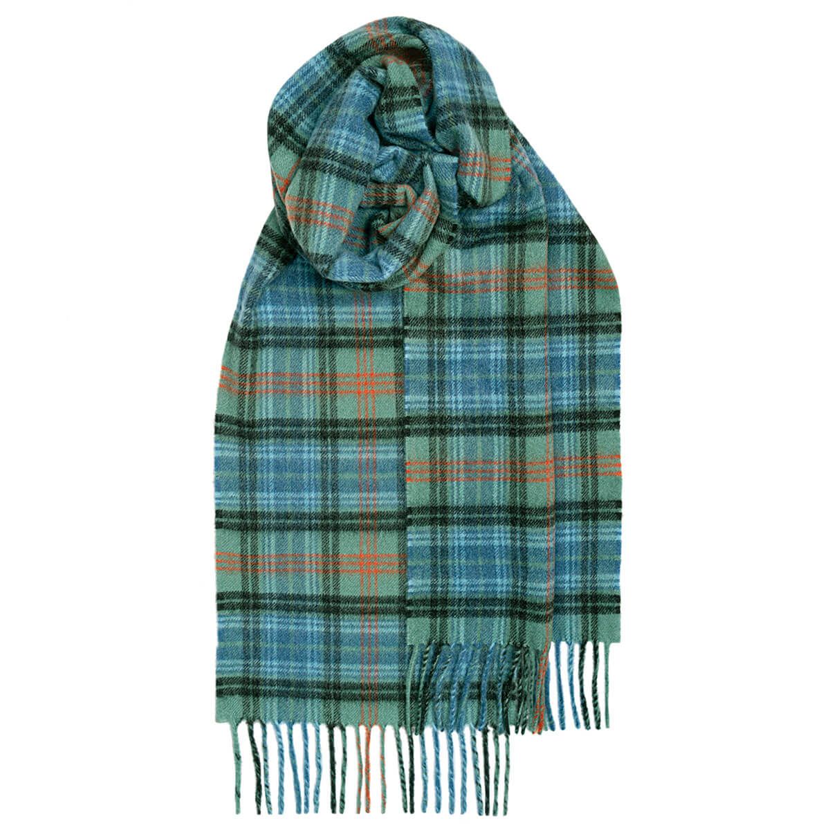 Green and blue plaid wool scarf with orange accents and fringed edges.