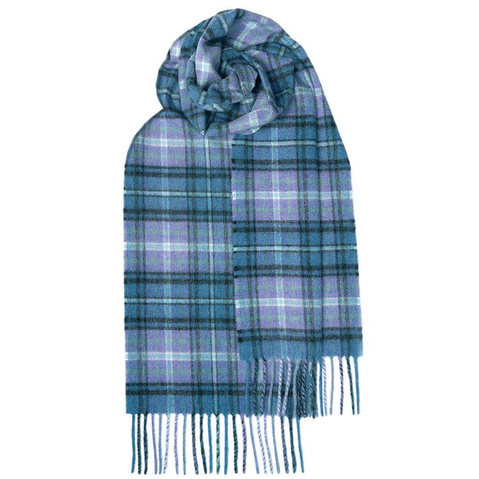 Blue and purple plaid wool scarf with fringed edges.