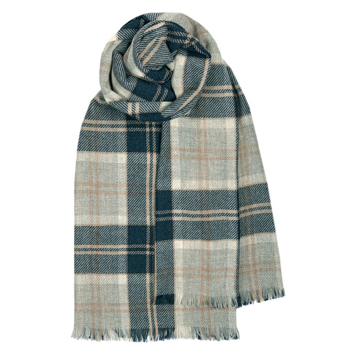 Teal and beige plaid wool scarf with fringed edges, loosely knotted.