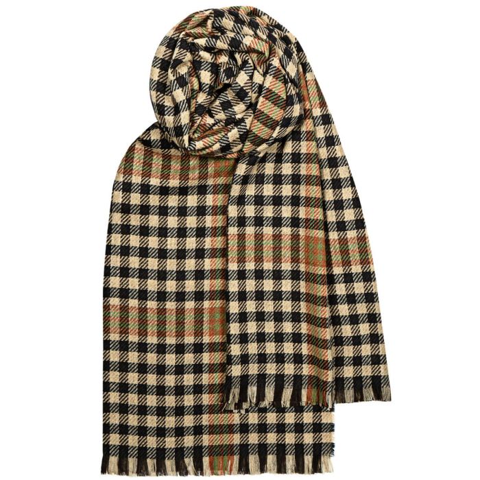 Beige and black gingham check scarf with orange and green accents, folded and displayed.
