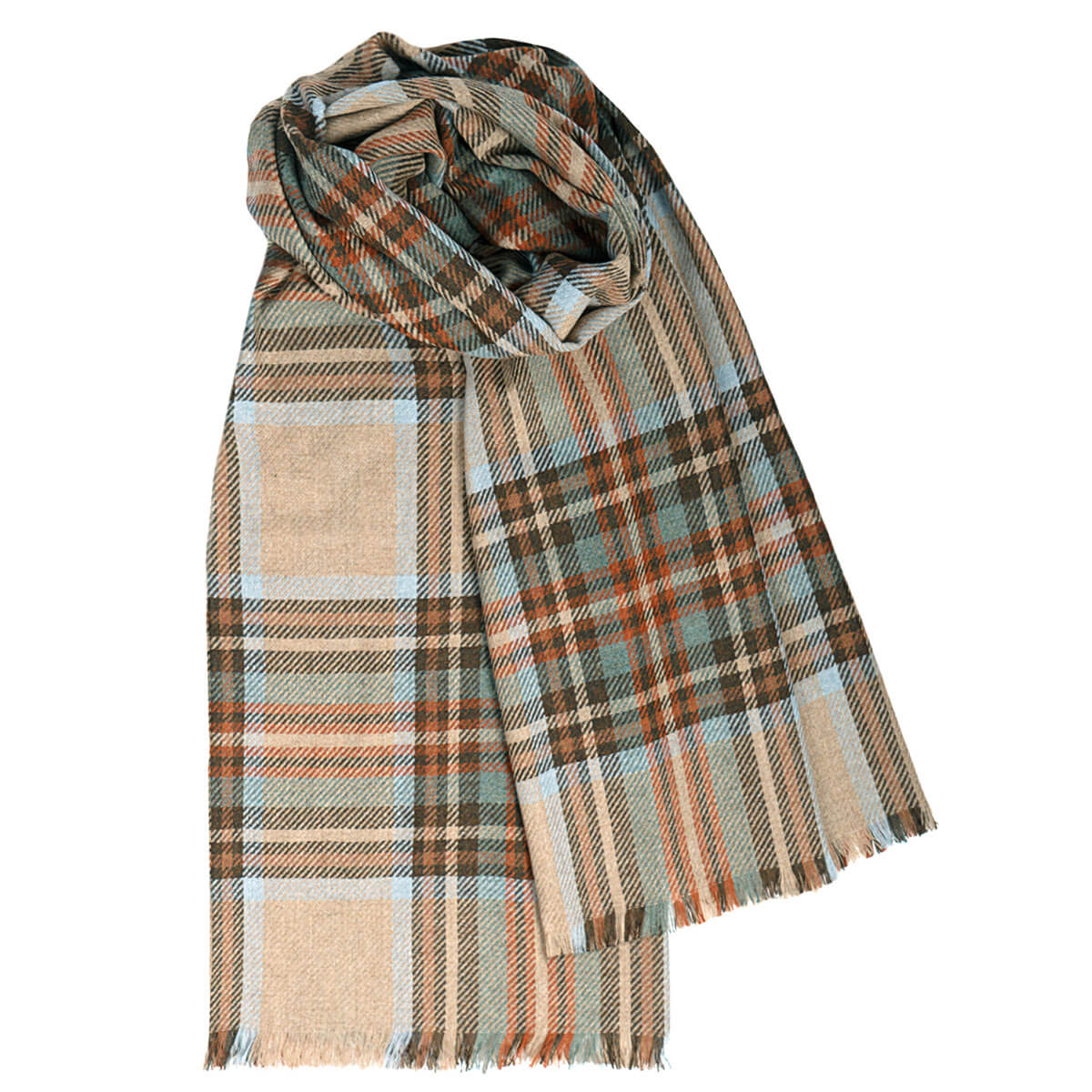 Plaid scarf with earthy tones on a white background