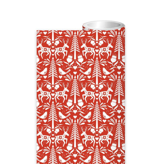 Red wrapping paper roll with a repeating pattern of white reindeer, birds, trees, and hearts.