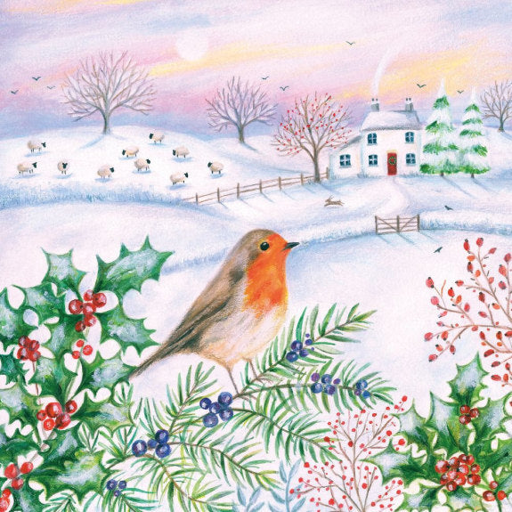 A robin redbreast perched on a snowy winter branch adorned with holly and berries, set against a picturesque snowy landscape