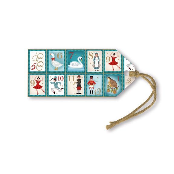 Teal gift tag with twelve numbered illustrated scenes from "The Twelve Days of Christmas," featuring swans, pipers,