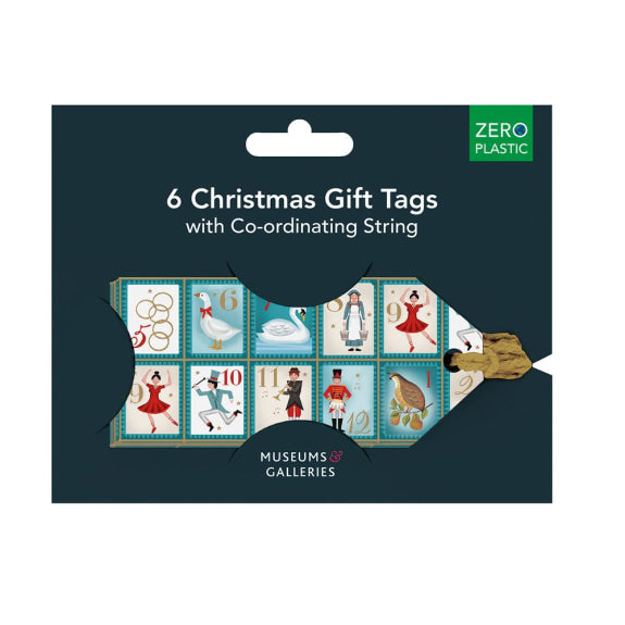 Six Christmas gift tags on a teal background, featuring twelve illustrated images and coordinating string.