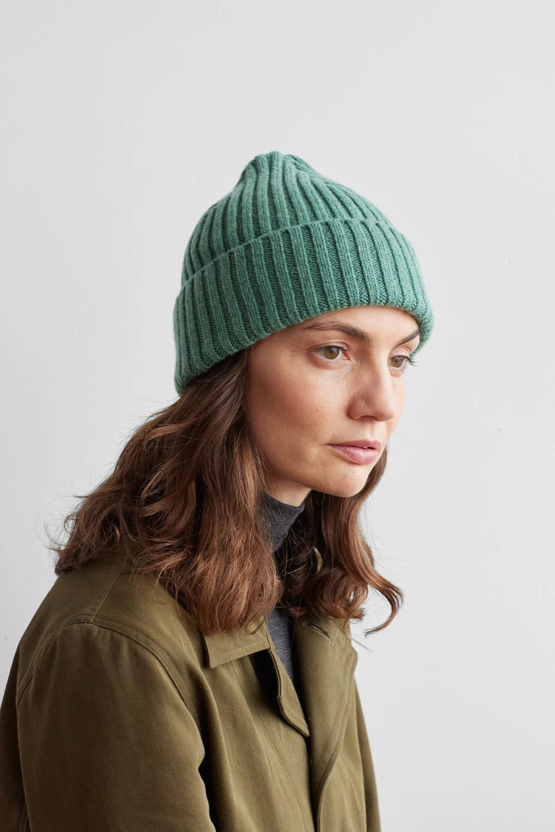 Seafoam green ribbed knit beanie.  Soft, casual style.