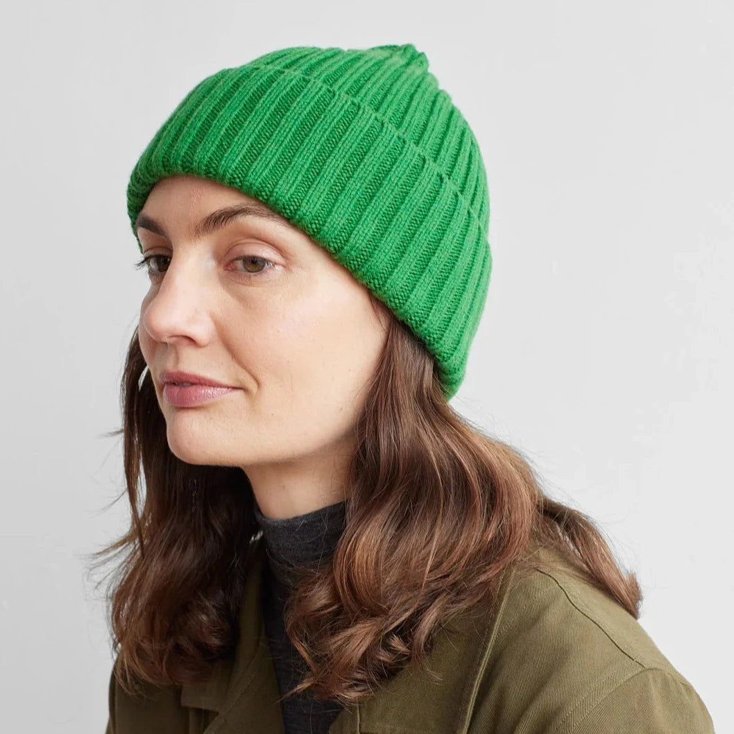Bright green ribbed knit beanie.