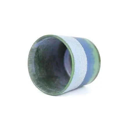 Cylindrical ceramic pot with a textured, mottled green and blue glaze, featuring a lighter band around the middle.