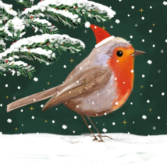 A robin wearing a Santa hat sits in the snow, against a dark green background with falling snow.