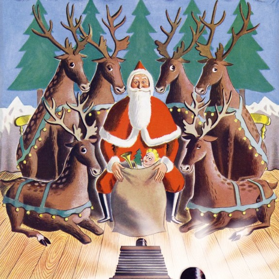 Santa Claus in a red suit sits surrounded by reindeer harnessed to sleighs, holding a large sack of gifts.