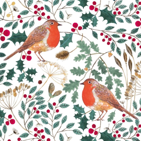 Seamless pattern featuring two robins perched amongst holly, berries, and other winter foliage on a white background.