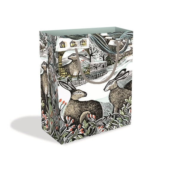 Gift bag featuring a winter scene with hares and foliage, illustrated in a vintage style.