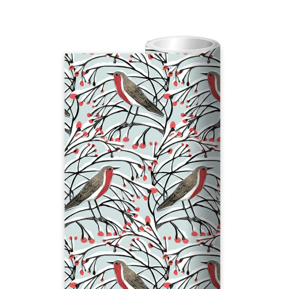 Roll of wrapping paper featuring a repeating pattern of stylized robins perched on snow-covered branches with red berries.