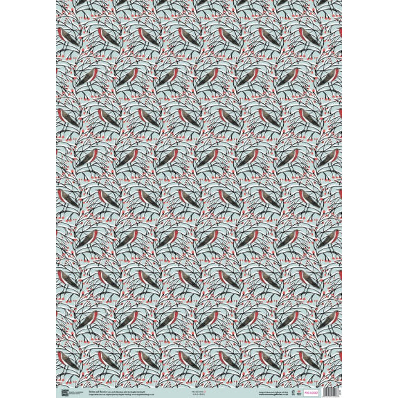 Wrapping paper featuring a repeating pattern of birds perched on branches with red berries against a light blue background.