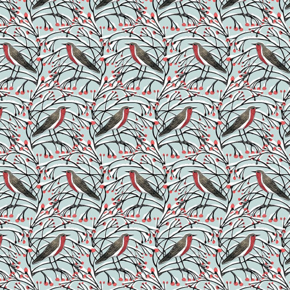 Seamless pattern of robins perched on snow-dusted branches with red berries.