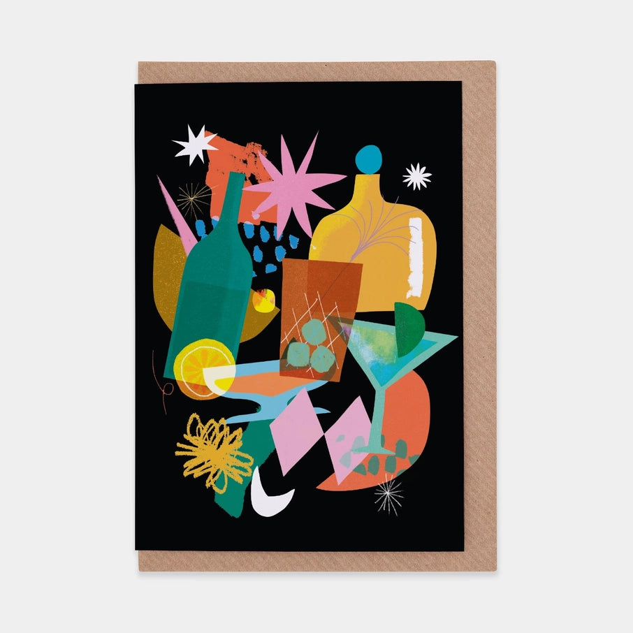 Abstract cocktail-themed greeting card featuring stylized bottles, glasses, and fruit on a black background.