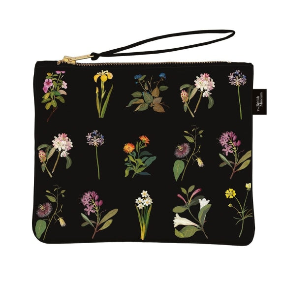 Black canvas pouch with a repeating pattern of colorful botanical illustrations. Features a gold zipper and wristlet strap.