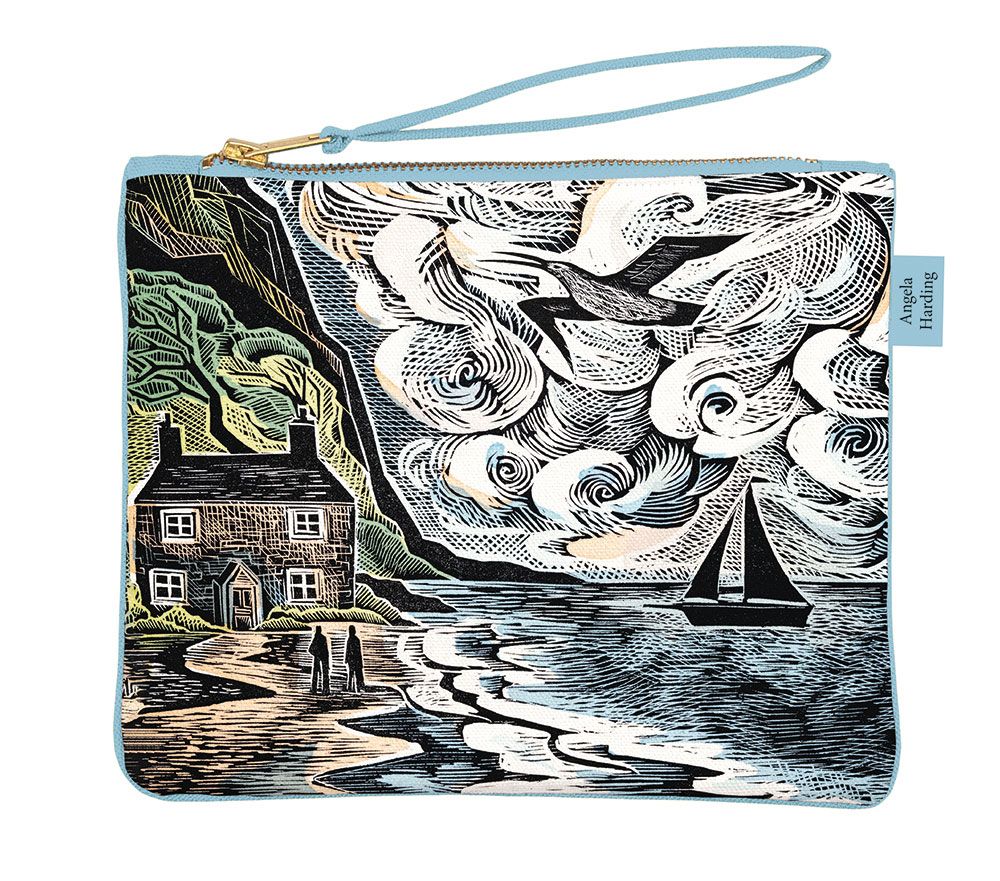 Light blue zippered pouch featuring a coastal scene; woodcut-style illustration of a house, figures, sailboat, and dramatic