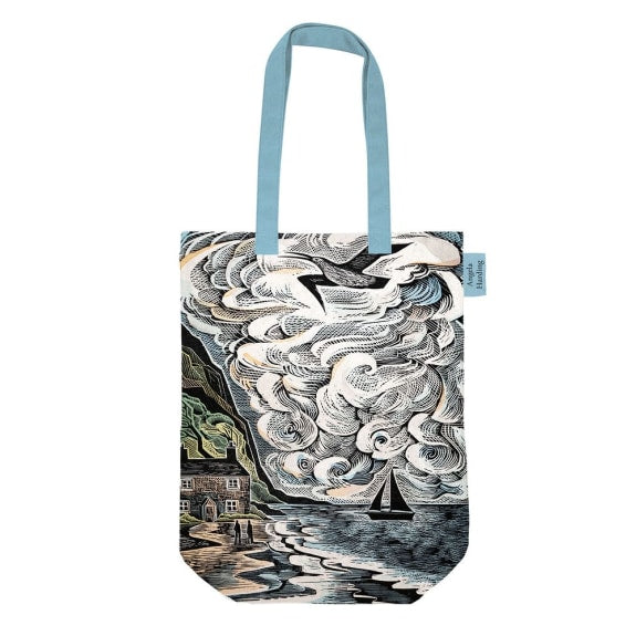 Tote bag featuring an illustration of a stormy seascape with a house, figures, and a sailboat.