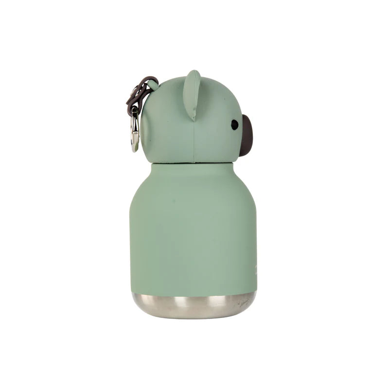 Green animal-shaped water bottle with a keychain on a white background