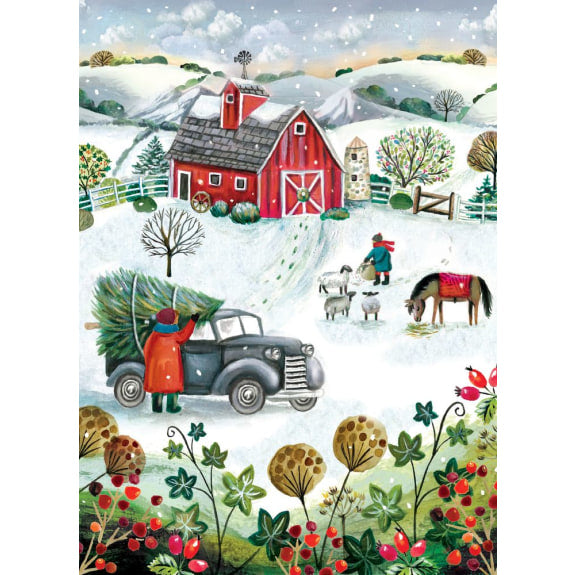 A vintage truck carries a large Christmas tree past a red barn in a snowy winter landscape.