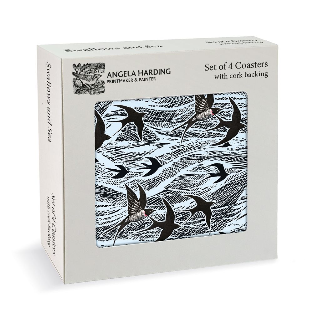 Set of four coasters featuring a black and white swallow print on a light blue background. Cork backing.