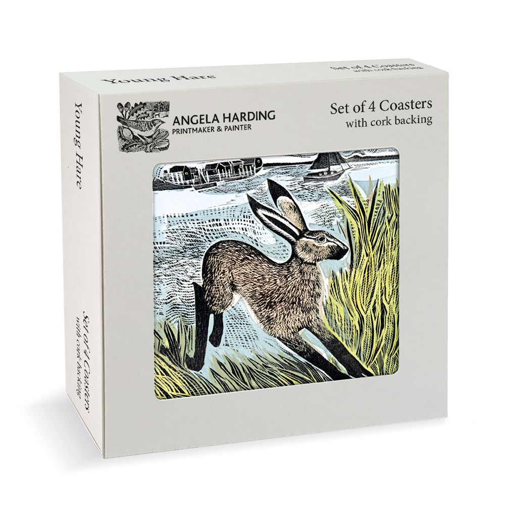 Set of four coasters featuring a linocut print of a hare running through grass, by Angela Harding. Cork backing.