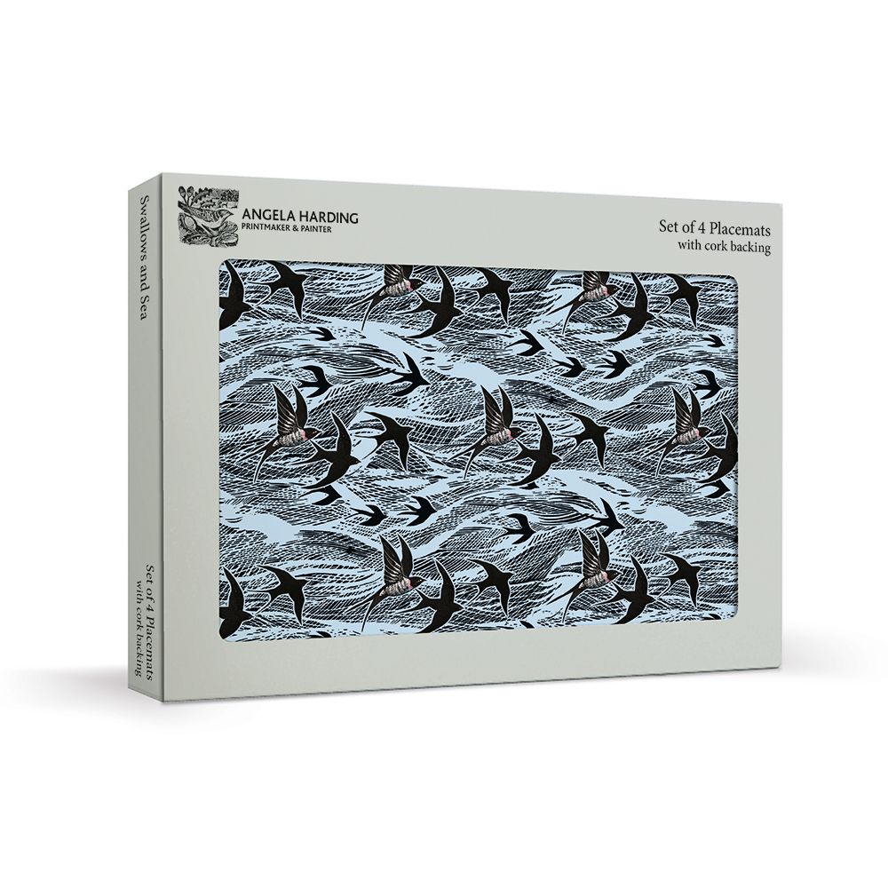 Set of four placemats featuring a repeating pattern of swallows in flight over stylized waves.