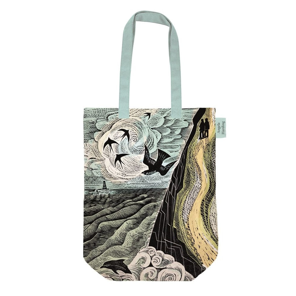 Tote bag featuring a coastal scene with birds in flight, a cliff, and stylized waves, printed in muted greens and blacks.