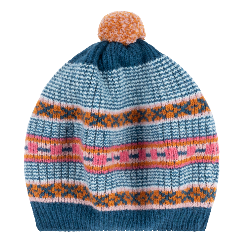 Blue knitted beanie with orange, pink, and white striped pattern and a pompom.