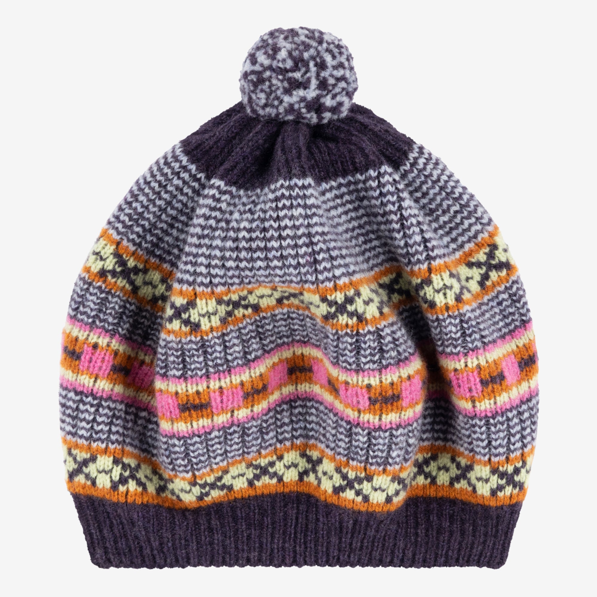 Purple knitted beanie with a pompom, featuring a Fair Isle-style pattern in shades of pink, orange, and light yellow.