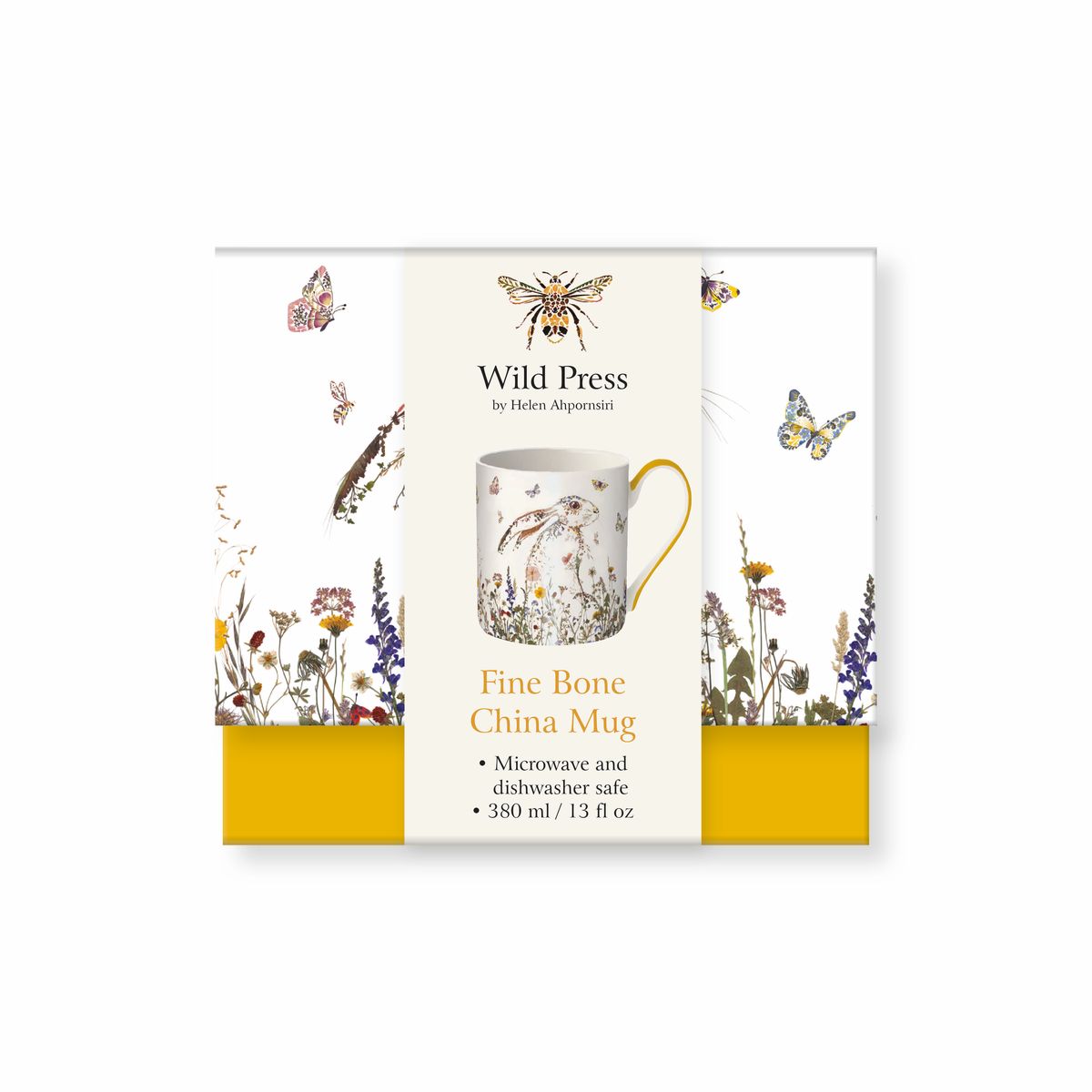 Packaging of a 'Wild Press' fine bone china mug with floral and insect design.