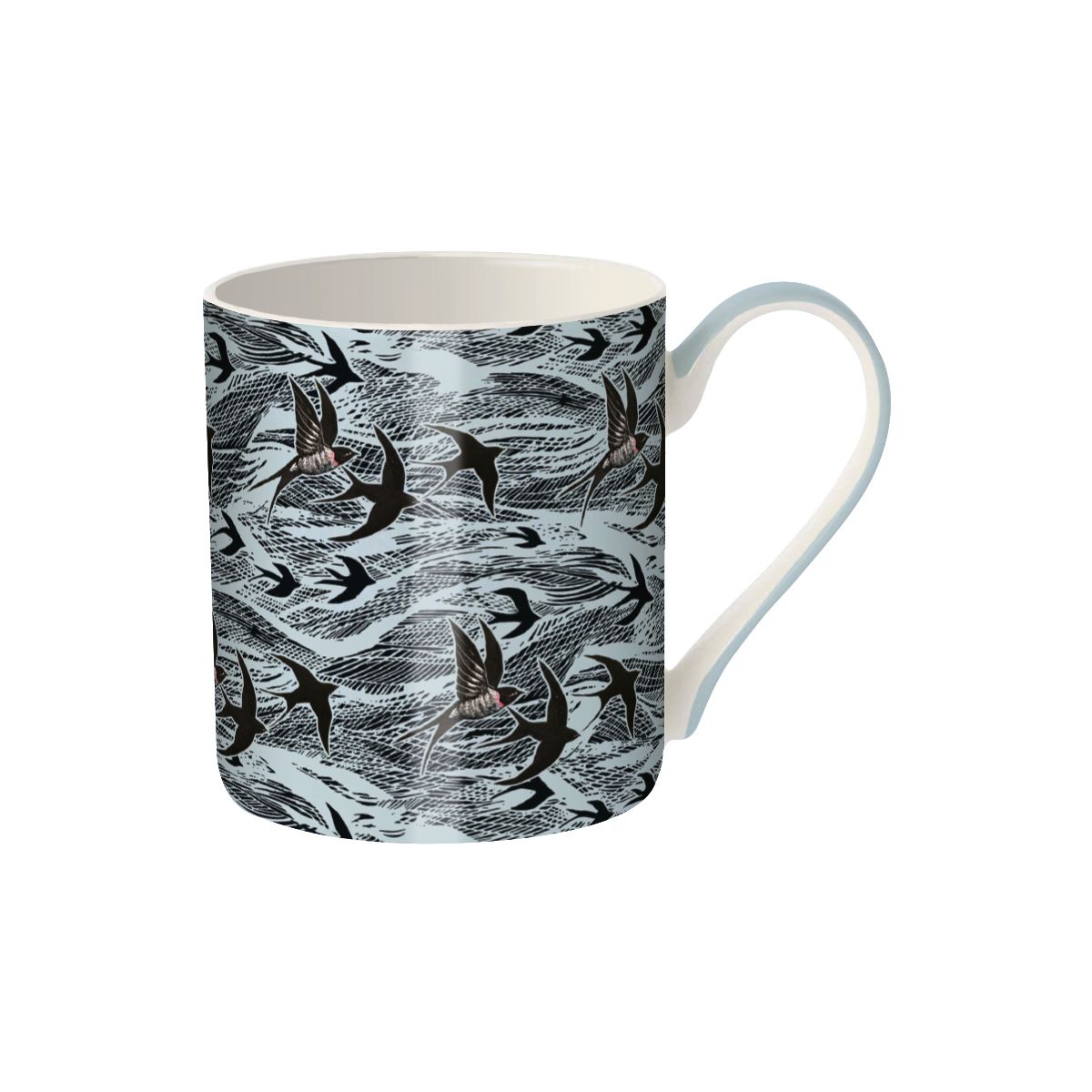 Mug with bird and wave pattern on a white background