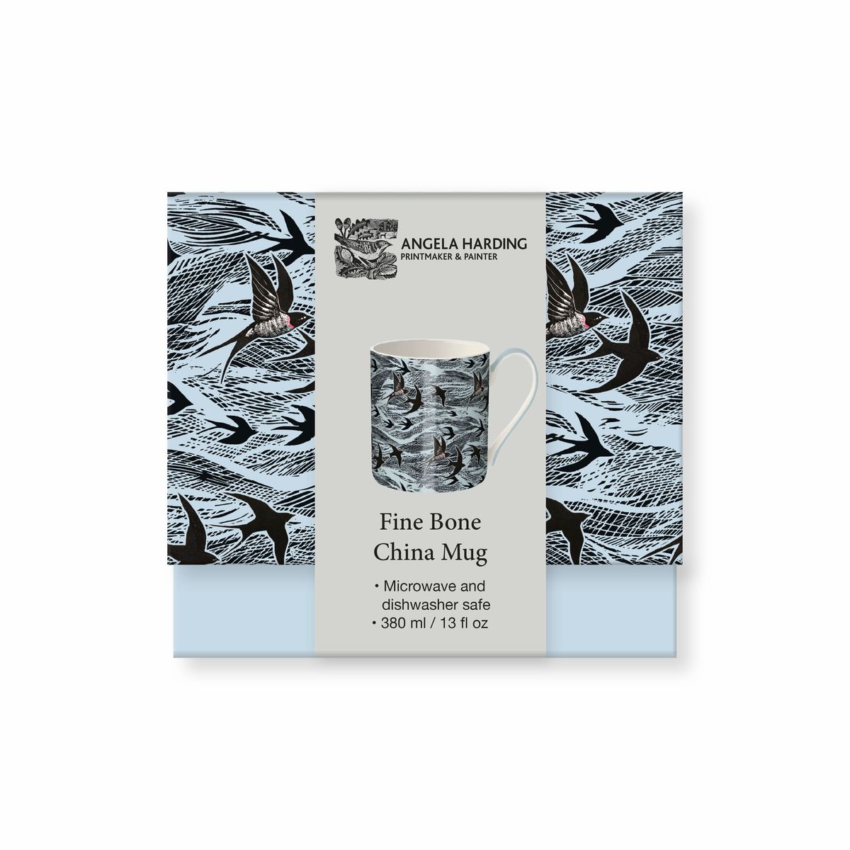 Fine bone china mug with bird design packaging on a white background