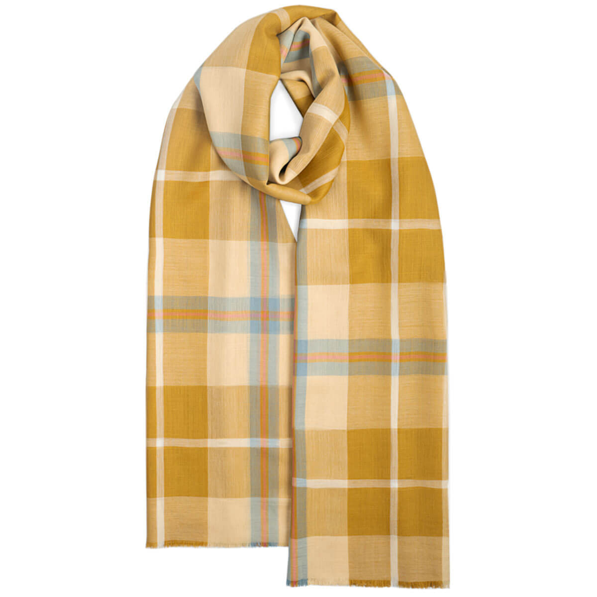 Plaid scarf with yellow and beige pattern on a white background