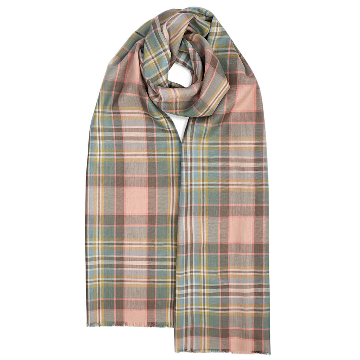 Plaid scarf in pastel colours on a white background