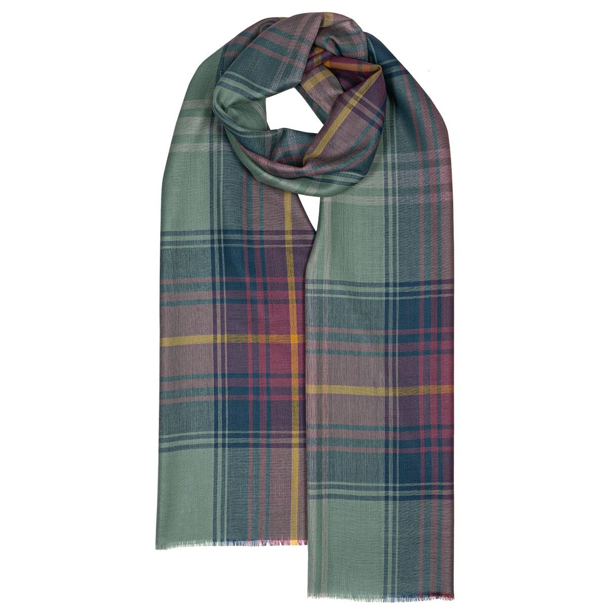 Sage green plaid scarf with muted pink, purple, and gold accents. Features a fringed edge.