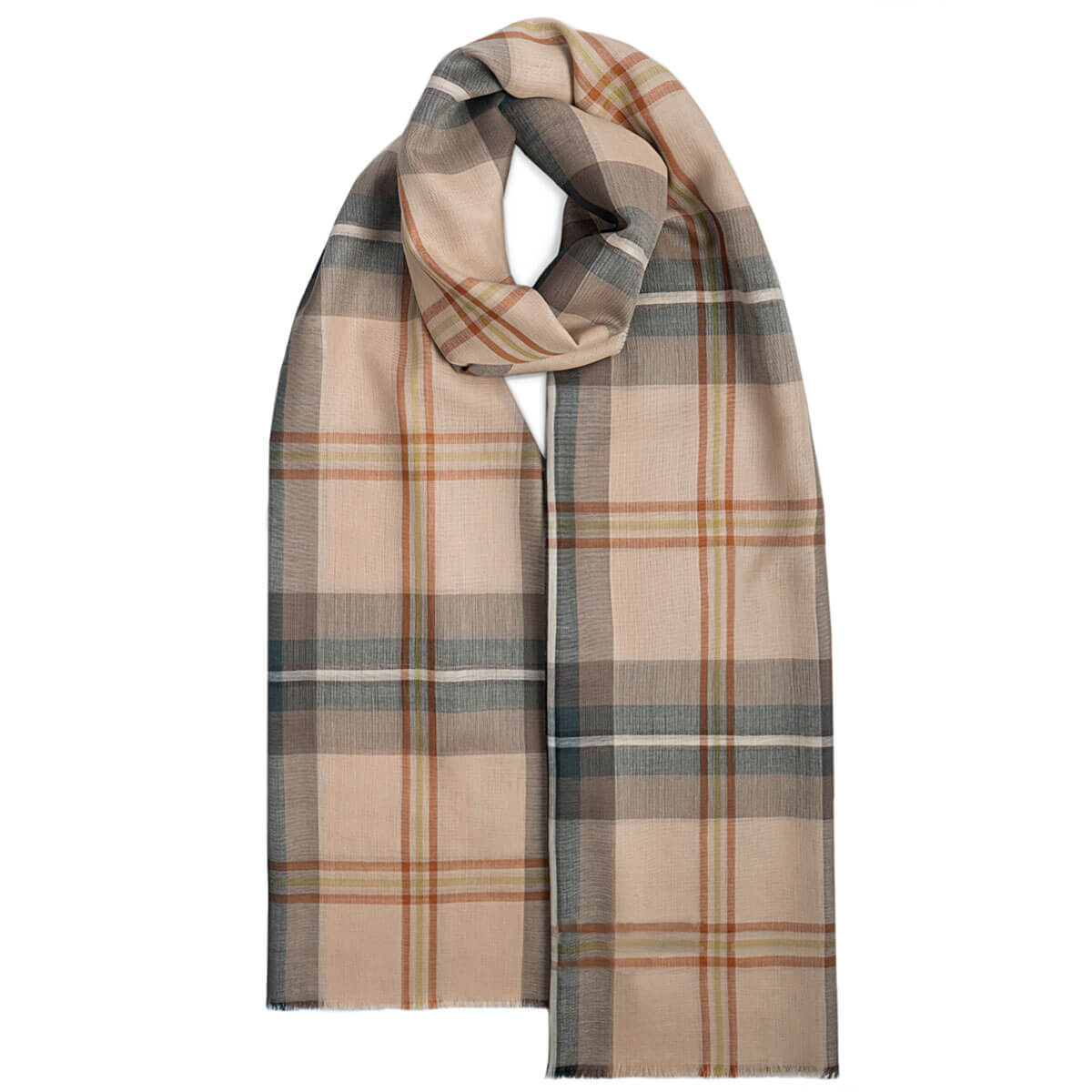 Plaid scarf with beige, brown, and gray colours on a white background