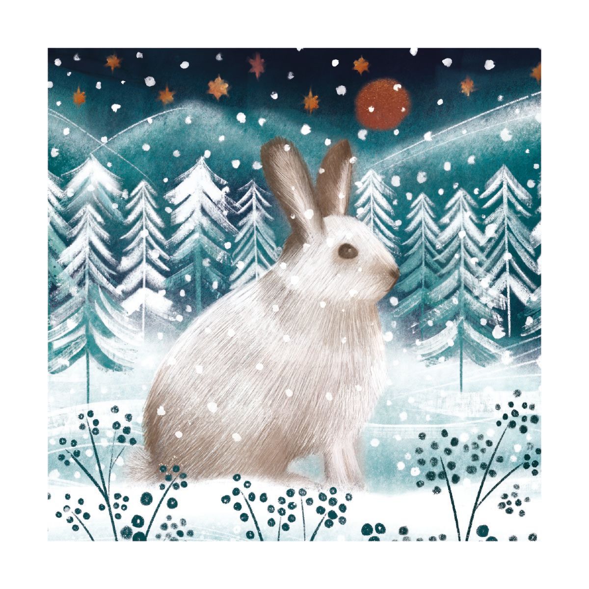 Illustration of a rabbit in a snowy forest with trees and stars in the background.