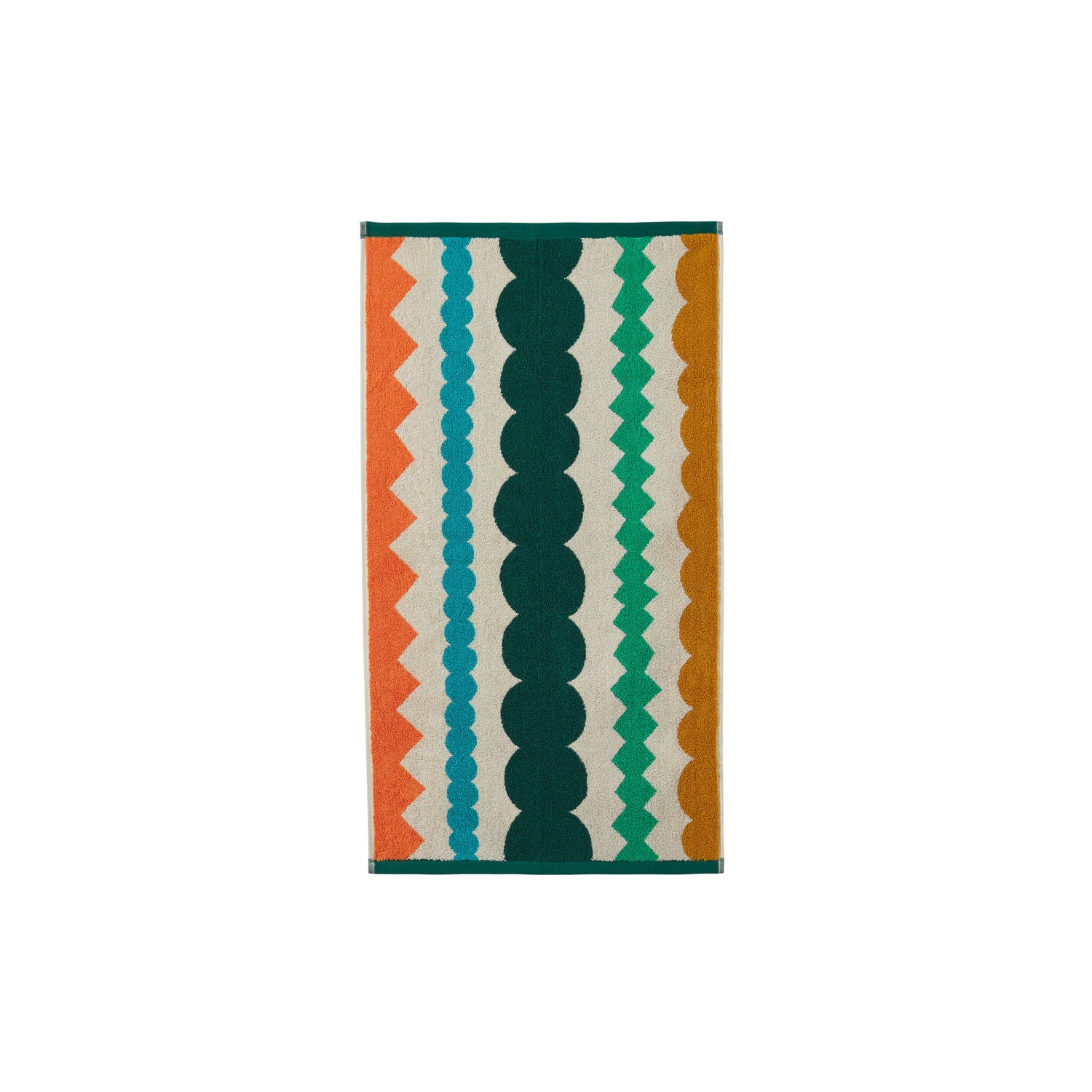 Striped rug by Donna Wilson featuring orange, green, teal, navy, and beige colors in a playful design.