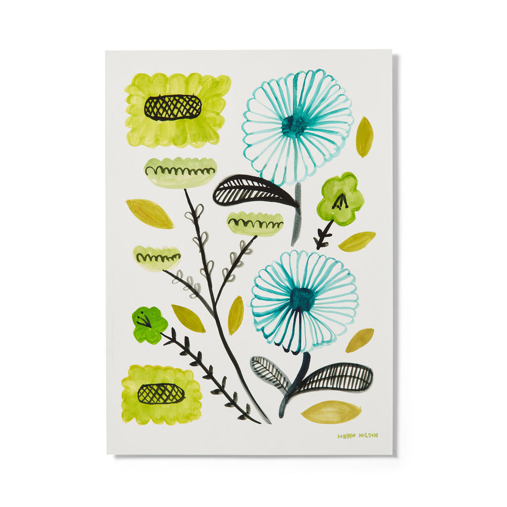 A floral artwork featuring blue and green flowers, black leaves, and berry green accents by Donna Wilson.