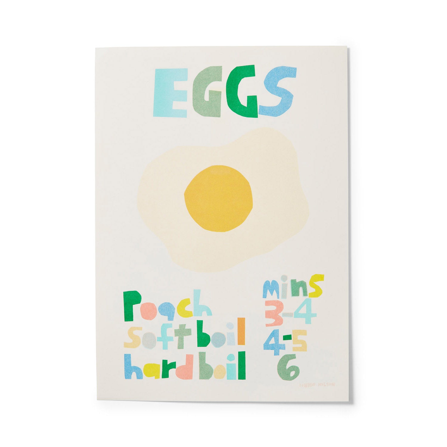 Colorful illustration featuring the word "EGGS" in light blue, green, and pastel tones by Donna Wilson, with an egg graphic.