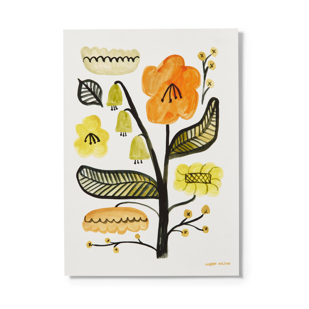 A colorful floral illustration by Donna Wilson, featuring orange, yellow, and green designs on a white background.