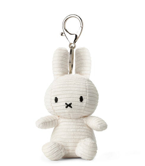 White plush bunny keychain with a metal clip on a white background