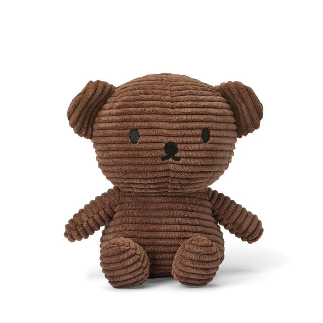 Brown corduroy teddy bear plush toy with embroidered facial features.