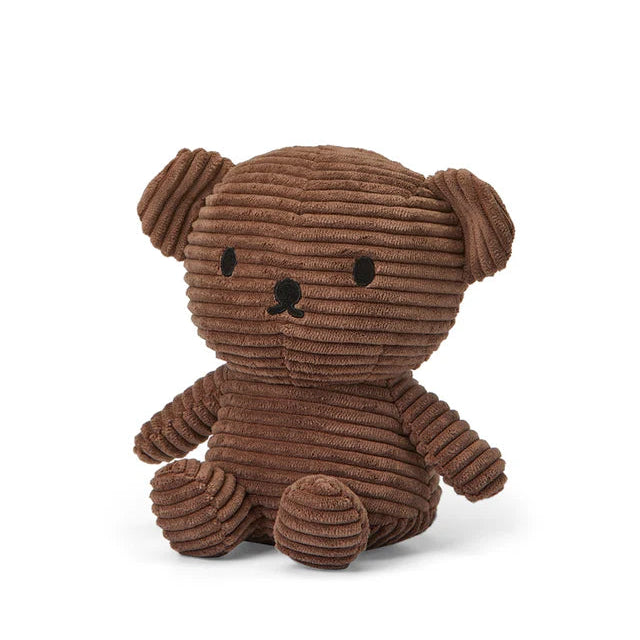 Brown corduroy teddy bear plush toy sitting down, with simple embroidered facial features.