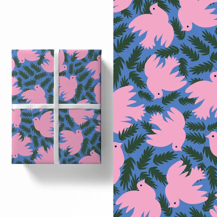 Pink Doves Christmas Gift Wrap - Single Sheet