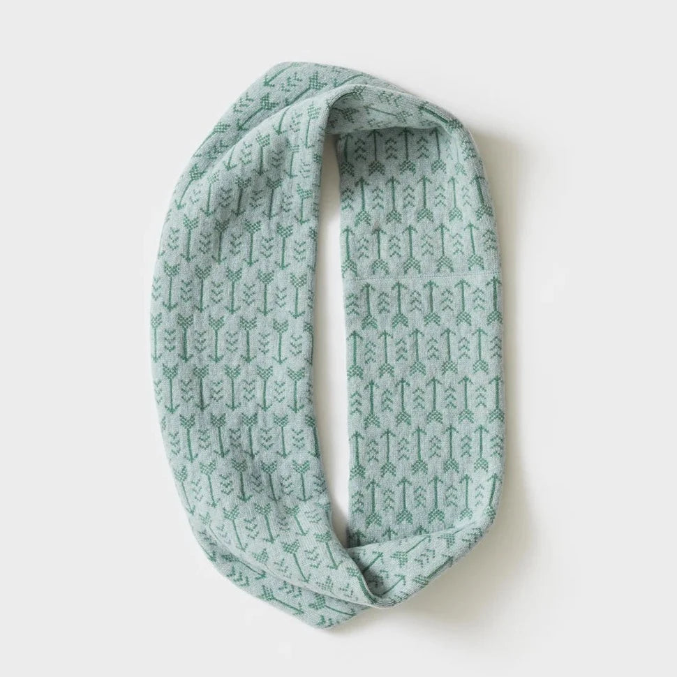Light teal knitted infinity scarf with a repeating pattern of dark teal arrows.