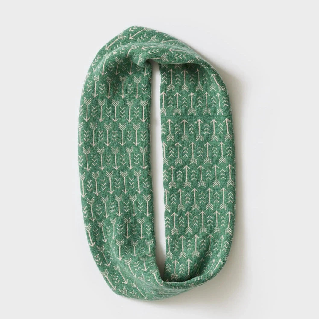 Green knitted infinity scarf with a repeating pattern of off-white arrows.